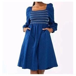 Draper James RSVP Dress Puff Sleeve Smocked Square Neck Blue Stretch Womens XS